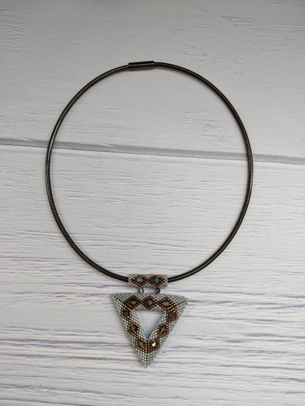 Iridescent Silver & Gold Triangle Beaded Pendant Necklace - Picture 3 of 9